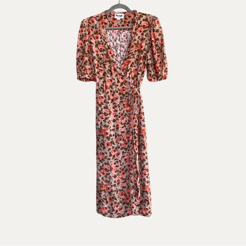 ROUJE Pink Tan Classic Retro Floral Printed Tea Rose Louisa Midi Wrap Dress 4/6 - Picture 12 of 14